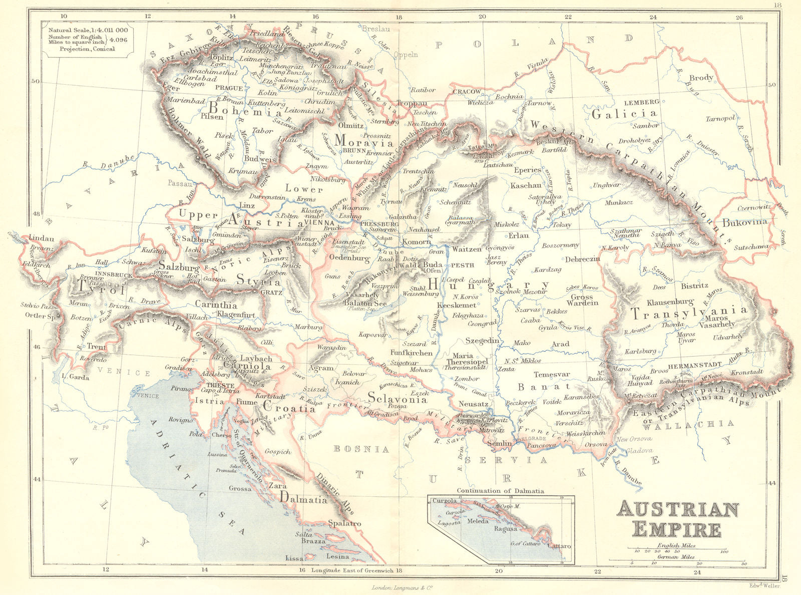AUSTRIA-HUNGARIAN EMPIRE. Bohemia Galicia Dalmatia Transylvania. BUTLER 1888 map